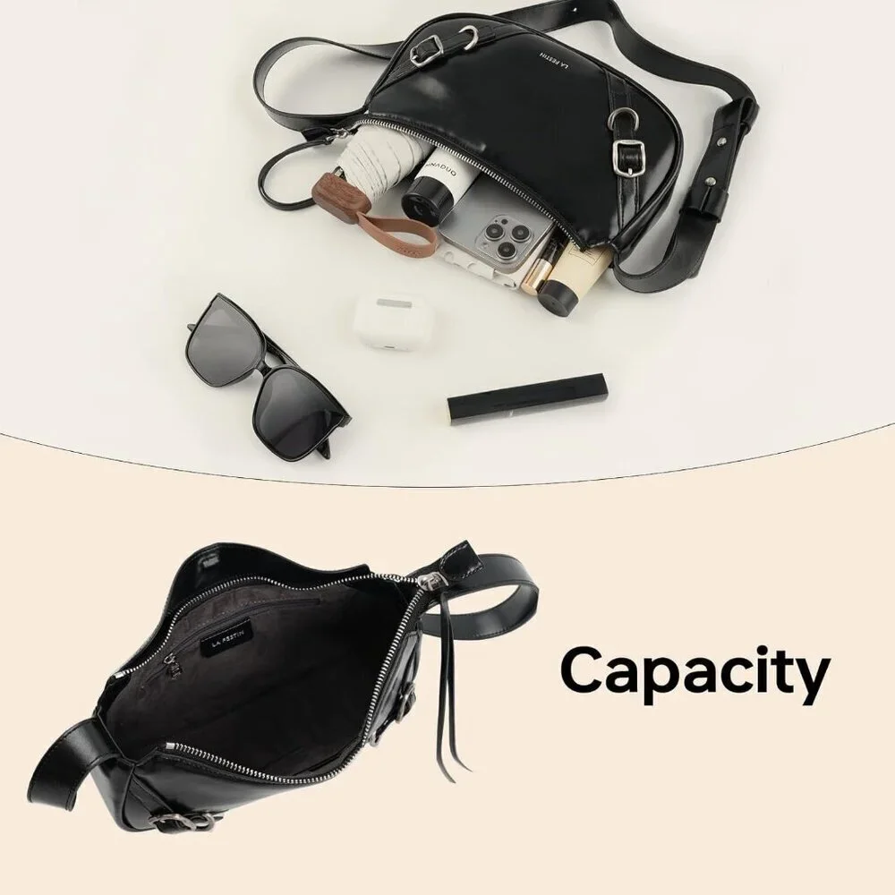 Women Onyx Black Soft Leather and polyester Hobo Bag with Adjustable Strap